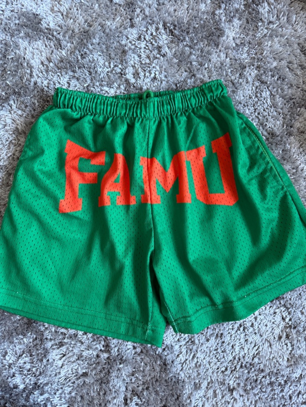 FAMU Collegiate Green Athletic Mesh Shorts with Orange Logo